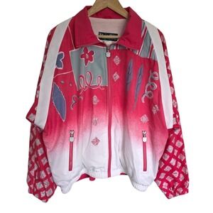 Vintage Kaelin Pink Floral Full Zip Windbreaker Jacket Large Oversized